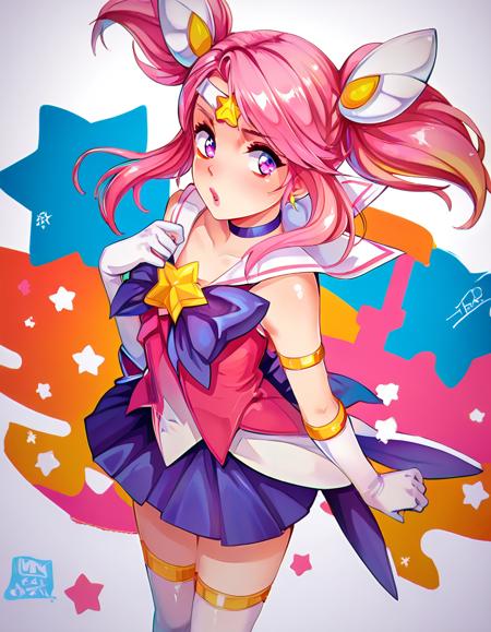 lxstrgrdn, pink hair, twintails magical girl, pink_vest, tiara, elbow gloves, purple choker, sailor collar, hair ornament, white thighhighs, skirt