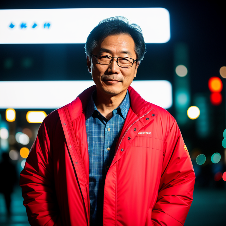 RAW photo, a portrait photo of 50 y.o japanese man in clothes, night tokyo, (high detailed skin:1.2), 8k uhd, dslr, soft l...