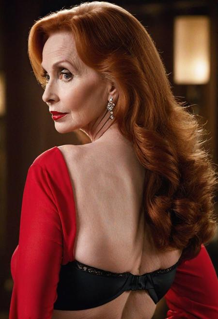 cinematic film still, ((professional photography)), ((masterpiece)), (((photorealism))), perfect focus, centered, rear view photo of beautiful, mature, long-haired,  Katherine Helmond looking over her shoulder to camera, (wearing red open blouse and big black bra:1.3), (very well endowed:1.3), ((very long auburn hair:1.3)), natural skin, professional makeup, glossy lipstick, (soft, warm studio lighting:1.3), professional photography, Nikon 35mm lens, bokeh, diffused light