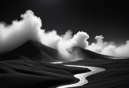 (masterpiece, surreal, minimalist:1.3), a mesmerizing exploration of a surreal dreamscape enveloped in a serene black palette. Imagine a vast expanse of pristine black, where ethereal whispers of imagination dance in the void, creating a sense of infinite space and boundless possibility. Shapes emerge and dissolve in the black abyss, hinting at hidden meanings and elusive truths that tantalize the mind. Soft wisps of white mist curl and twist, forming intricate patterns that seem to shift and transform with each passing moment, evoking a sense of fluidity and transience. Within this surreal black realm, shadows play and light dances, casting subtle gradients and delicate contrasts that add depth and dimension to the otherwise pristine landscape. The absence of color heightens the sense of otherworldliness, inviting viewers to lose themselves in the purity and tranquility of this surreal dreamscape. This artwork beckons observers to immerse themselves in a world where reality blurs with fantasy, and the whispers of the unknown echo in the vast expanse of surreal black.