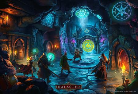 a detailed fantasy poster of the Arcane Chambers in Undermountain. Four adventurers—a human wizard casting a spell, an elf rogue examining a teleportation circle, a dwarf fighter, and a tiefling cleric—navigate a chamber filled with glowing arcane sigils, enchanted doors, and a gravity-reversed section. A spellcasting enemy lurks in shadows. Treasures like a spellbook and glowing artifact are visible. Dynamic magical lighting in blues, purples, and greens contrasts with warm torchlight. Floating motes and arcane patterns add depth. Halaster’s glyph is subtly hidden. Style: realistic with fantasy flair.
