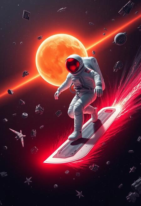 Digital artwork featuring a futuristic and dynamic scene. The layout is centered around an astronaut in a white spacesuit with a reflective red visor, riding a surfboard-like device into a planets atmosphere, causing a red glow from the leading edge. The background is a dark, starry expanse with a bright, glowing planet in the distance, casting an orange hue. Surrounding the astronaut is the debris from a destroyed spacecraft, adding a sense of adventure and exploration. The overall style is highly detailed and vibrant, with a strong contrast between the dark space and the bright elements.