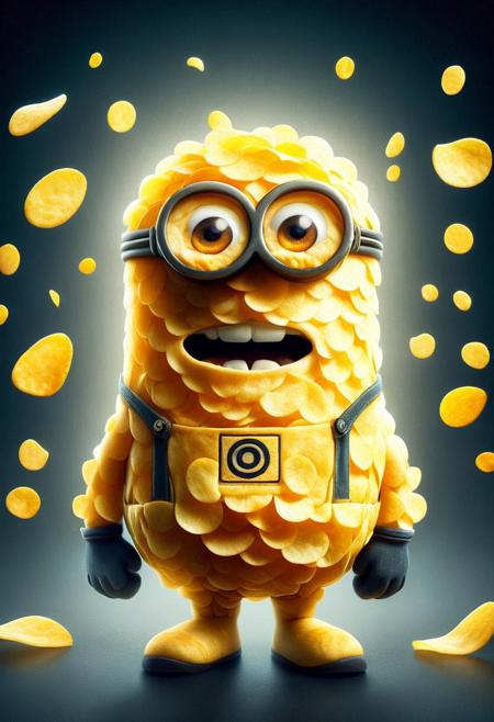 Minion minion(masterpiece, best quality, ultra-detailed), xiaohuangren, glasses, blue denim strap pants, <lora:xiaohuangren_v6-000017:0.8>, minions, (masterpiece, best quality, ultra-detailed),xiaohuangren,goggles,blue denim strap pants,minions,revice driver, p1nkch1ps, made out of potato chips,text( "Potato Chips":1.1), A fun party scene with bowls of potato chips and the text "Potato Chips" glowing brightly, minion minion, minion