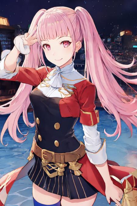 <lora:style_taiki-20:1>, <lora:fireemblem_hilda-10:1>, cowboy shot, solo, 1girl, hilda valentine goneril, smile, looking at viewer, twintails, hildauniform, blue thighhighs