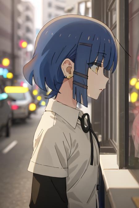 best quality, masterpiece, highres, solo, {yamada_ryo_bocchitherock:1.15}, blue_hair, short_hair, bangs, mole_under_eye, mole, yellow_eyes, hair_ornament, closed_mouth, hairclip, 1girl, collared_shirt, earrings, from_side, jewelry, profile, shirt, black_shirt, blurry, blurry_background, upper_body