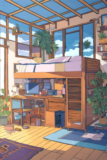 LoFi Aesthetic, masterpiece, best quality, ((no humans)), plant, scenery, chair, wooden floor, cloud, sky, potted plant, window, box, computer, shelf, indoors, table, cup, day, tree, book, electric fan, rug, carpet, laptop, cardboard box, lamp <lora:LoFi_Aesthetic-10:1>