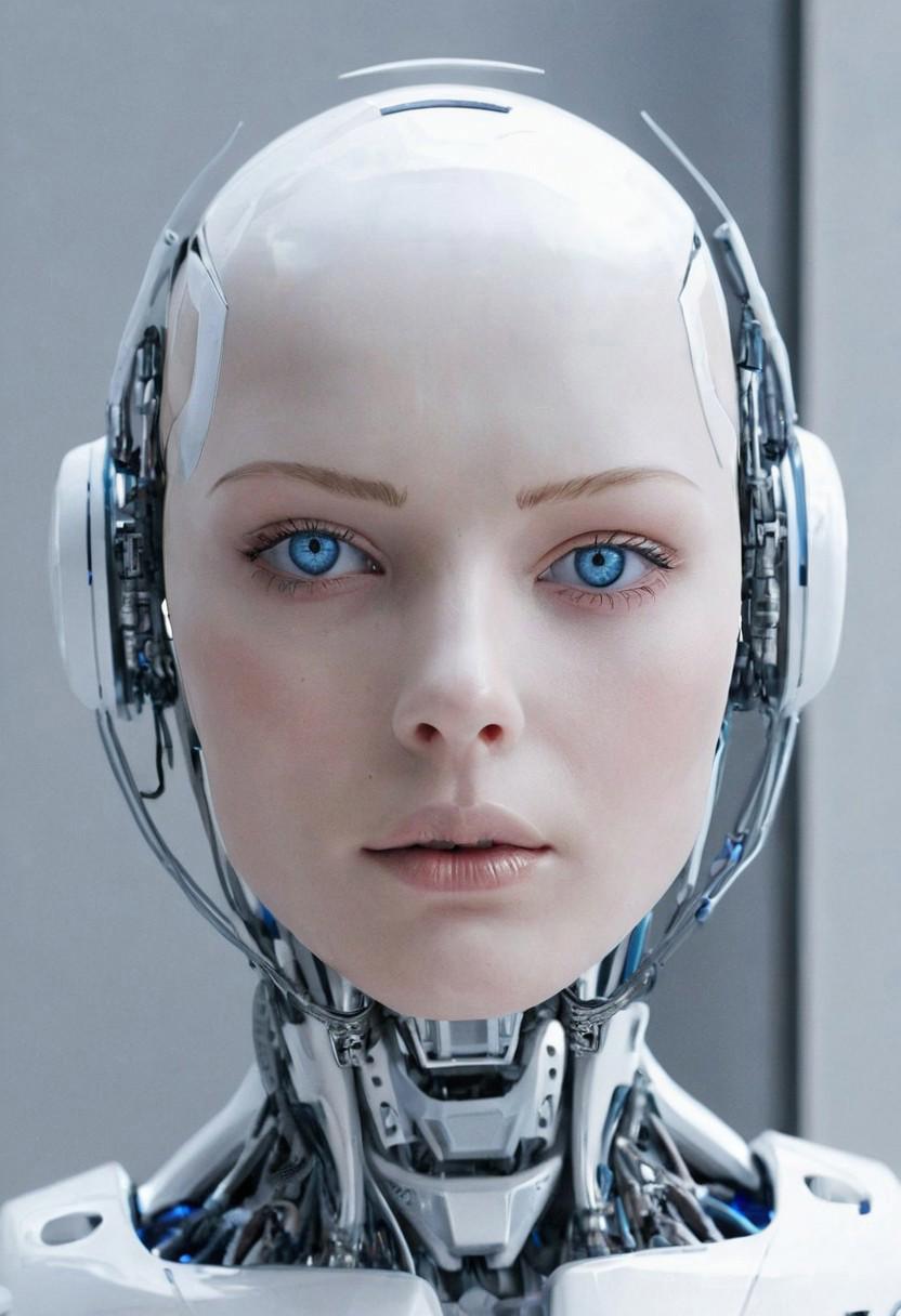 A robot, white plastic skin, female, neutral face, blue eyes, detailed, realistic, white room