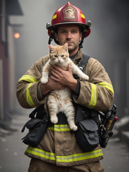 award winning photo of a fireman carrying a kitten