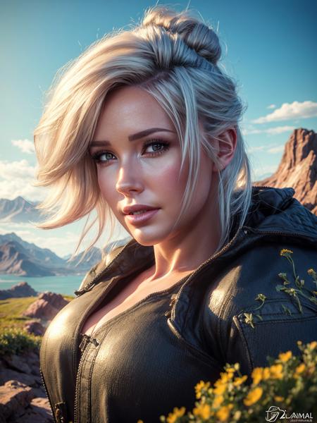 8k portrait of a woman, AlanahPearce, white hair, brown eyes, hair tied back, dynamic pose
, 1girl,
, (masterpiece: 1.4), extremely detailed skin, (looking at viewer), (upper body:0.8), (close-up:0.8), (photorealistic:1.2), vivid, hero view, action pose, cinematic scene
, beautiful detailed eyes, sharp focus, glowing eyes, detailed 4k eyes, grass field scene, advntr, mountains
, <lora:more_details:0.3>, <lora:AlanahPearceV2:0.9>, <lora:hairdetailer:0.5>,