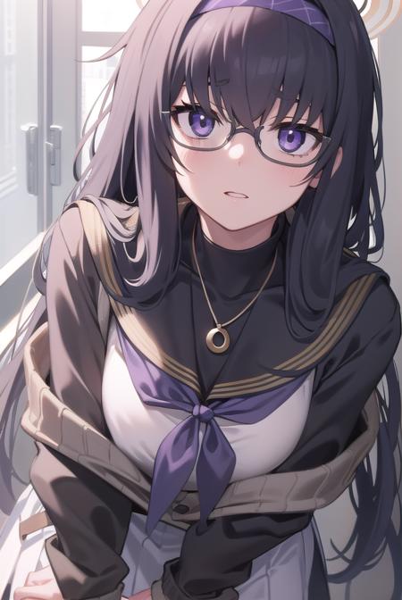 uikozeki, <lora:uikozeki-lora-nochekaiser:1>,
ui kozeki, bags under eyes, black hair, (purple eyes:1.5), glasses, halo, long hair, red-framed eyewear,
BREAK black pantyhose, black undershirt, blue hairband, blue neckerchief, brown cardigan, brown sweater, cardigan, hairband, long sleeves, messy hair, neckerchief, pantyhose, sailor collar, school uniform, serafuku, sweater, white sailor collar, white serafuku, skirt, long skirt,
BREAK looking at viewer,
BREAK indoors, classroom,
BREAK <lyco:GoodHands-beta2:1>, (masterpiece:1.2), best quality, high resolution, unity 8k wallpaper, (illustration:0.8), (beautiful detailed eyes:1.6), extremely detailed face, perfect lighting, extremely detailed CG, (perfect hands, perfect anatomy),