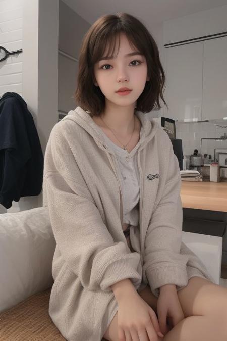 29 yo girl, Korean beauty, short hair, brunette, close-up, girl next door, baggy clothes, night, interior,