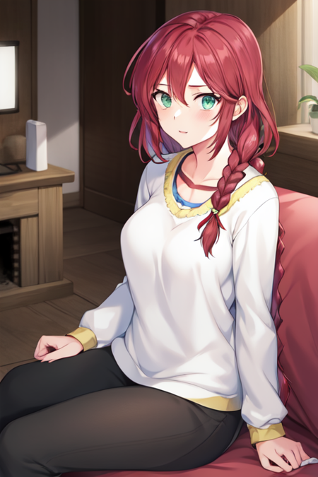 karin, 1girl, solo, sitting, casual, living room, single braid, braided ponytail,