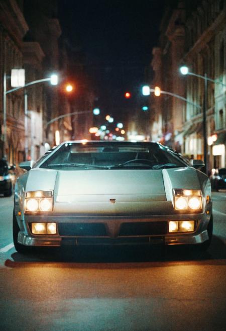 analog film photo (Sportscar gleaming prototype, symmetrical front view, bright headlights), city lights, night, city street, (stylish, film grain:1.3) . faded film, desaturated, 35mm photo, grainy, vignette, vintage, Kodachrome, Lomography, stained, highly detailed, found footage