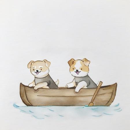 <lora:Simple Watercolor-000008:1>,Simple Watercolor,Two little dogs rowing a boat