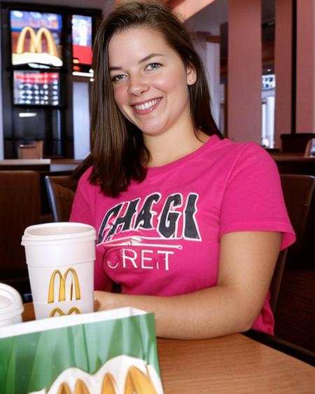 a college student wears a pink chicago t-shirt while eating at mcdonalds <lora:brynn:0.95>, ((masterpiece)) (professional photography), best quality, high quality, high-definition, extremely detailed, High detail RAW color photo professional, textured skin, goosebumps, bright eyes