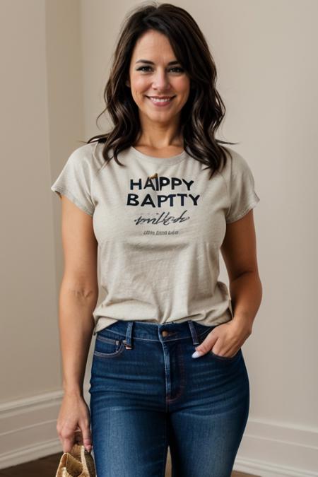 wearing a  Oatmeal tshirt, jeans,  birthday party <lora:Belinda_Stewart-Wilson:1> 1girl, solo, a mature bs1873w,