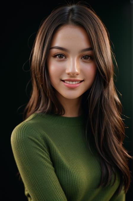 award-winning, professional headshot photo of beautiful ol1v1arodr1go beaming smile, skin pores, with sparkly (brown eyes), wearing a green sweater, looking at viewer, a woman as a movie star, (simple background:1.4), dark moody ambiance, (masterpiece:1.2) (photorealistic:1.2) (bokeh) (best quality) (detailed skin:1.2) (intricate details) (nighttime) (8k) (HDR) (cinematic lighting) (sharp focus), (looking at the camera:1.1), (closeup portrait:1.1), hyperrealistic photography, photographed on a Sony a9 II Mirrorless Camera, 50mm prime lens, F/1.4, (highly detailed), cinestill 800, 8mm film grain, dynamic angle,