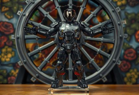 The image features a highly detailed, full-body view of a Neo Bubbleman, exuding an aura of advanced technology and precision, predominantly black and gray, stands boldly on a clear stand, arms outstretched in a ready stance. A camouflage pattern adorns the Neo Bubbleman's body, adding a sense of realism. Placed in front of a Cannon Wheel, the dark color scheme creates a striking contrast. A vibrant, detailed background enhances the composition.