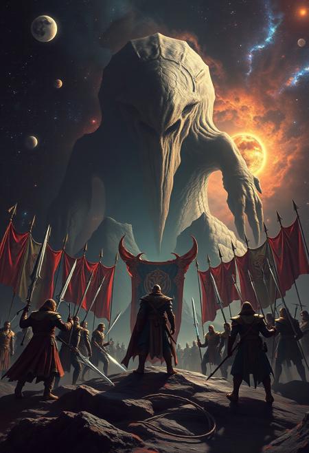 lovecraftian horror, At the edge of our galaxy, a grand assembly of cosmic warriors converges upon a dark nebula, to confront a malevolent extraterrestrial force looming ominously in the background  a colossal entity poised to wreak havoc across the stars, As they ready themselves for battle, each fighter stands tall amidst their respective planetary banners, their weapons glinting under distant suns, style of Edward Blair Wilkins . eldritch, cosmic horror, unknown, mysterious, surreal, highly detailed