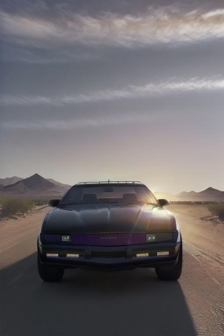 k2000k, masterpiece, highly detailed, photorealistic, volumetric lighting and shadows, sidelit, driving through the desert, overcast dusk, glowing bar, 80s screenshot, grainy photo, front, centered, bokeh, horizon, <lora:k2000k_v1:1>