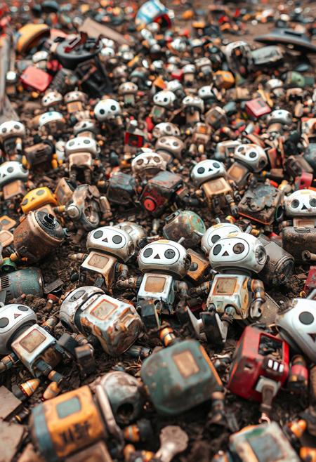 Many little cute robots laying scattered in a junkyard. Some of them are severely broken and beyond recognition.