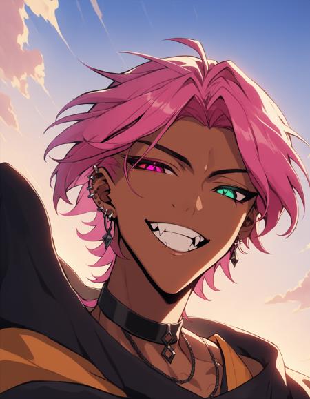 1boy, Kayne, League of Legends, hrstlxks style, solo, looking at viewer, smile, short hair, bangs, red eyes, 1boy, jewelry, green eyes, pink hair, earrings, outdoors, sky, teeth, day, fang, dark skin, pink eyes, grin, heterochromia, scar, piercing, ear piercing, colored sclera, black sclera, cinematic lighting, cinematic angle, masterpiece, best quality , <lora:HeartsteelSDXL:0.8>