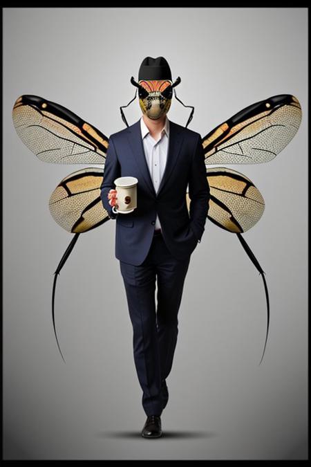 Absurd photo montage, portrait of a giant insect, giant fly, wearing a hat, wearing a suit, drinking coffee, photoshop composite, tiny human angels flying around