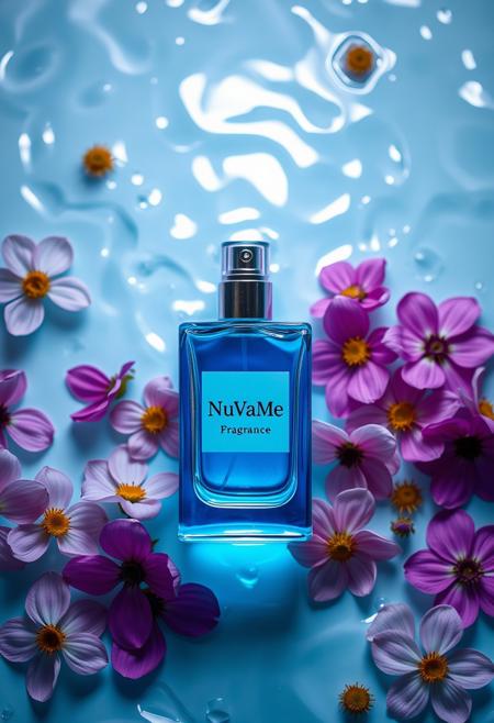 Minimal perfume bottle and flowers all over the set, top light on top of a background with water, saturation color scheme, bright light glass refraction, mottled shading, studio lighting, contrast high precision, fine gloss, centered composition, neon blue color palette. Brand name written as 'NuVaMe Fragrance' on it.