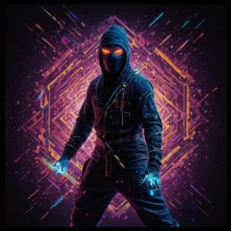 Illuminated ninja in the style of golden glitched rainbow. Snow is falling as holographic colored baroque geometric patterns float around the canvas in the style of colorful digital art. The image has a cyberpunk aesthetic with a glitchy distortion and psychedelic color palette. Black background, neon lights, glitch art, surrealism, high contrast, vibrant colors, psychedelic patterns, ethereal glow. The overall mood should be one of spiritual contemplation and otherworldly beauty. It's like something in the style of science fiction.