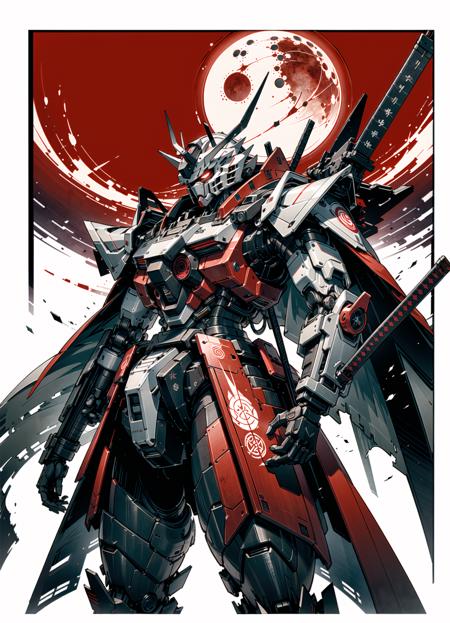 masterpiece, best quality,hmear,<lora:Chimera Series R Number Furnace - Phantom-beta:0.75>
mecha,cowboy shot, (red and black mecha:1.2),samurai, cape,glowing eyes, red eyes, v-fin,simple background, red background,(ukiyo-e:1.3), fire,smoke,(lineart:1.2),weapon,katana, facing viewer, from front,looking at viewer, sun,white background, from below, looking down, (dark:1.5) ,moon