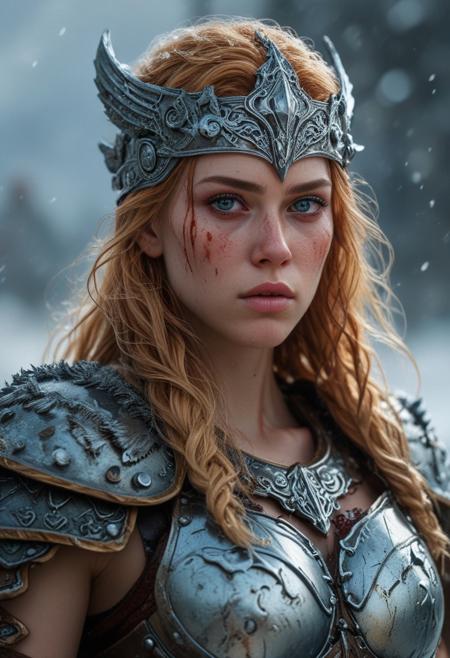 High resolution ultra-realistic of Beautiful Freya Allan as Viking Warrior Sigrid, Intricately designed iron full body armour, (standing on a bloody snowy battlefield in epic bloody Battle: 1.5), dark fantasy style, wavy blonde hair, nice dirty pale face, oily skin, full body, firm athletic body and figure, beautiful blue eyes, 8k, ultra realistic, hyper realistic, highly detailed, curves, Beautiful Freya Allan as Viking Warrior Sigrid,  fiery blonde hair contrasting with the frosty atmosphere, reminiscent of Alex Grey's and Dan Mumford's art styles, beautiful perfect close-up pupils, daylight, high contrast, colorful polychromatic, beautiful firm Breasts, defiant and seductive, wet oily shiny skin, ultra detailed, (Intricately Designed dirty face: 1.3), Cinematic clorful lighting, realistic body and face, Photograph Taken on Nikon D750, Intricate, Elegant, Digital Illustration, Scenic, Hyper-Realistic, Unreal Engine, CryEngine, Octane Render, Artgerm, WLOP, Greg Rutkowski, 8k ultra high resolution concept art, hyper-defined, sharp focus, echoing, (hyperdetailed body and face: 1.3), Atrractive, Atrractive 21 years old woman, attractive bust girl, asymmetric balance