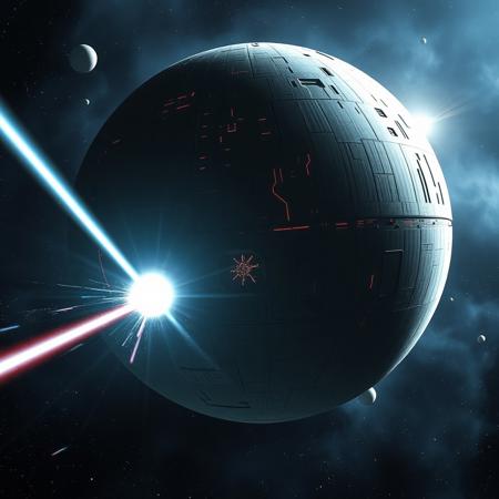 death star from star wars, high detailed, in the space, shooting with a laser, plasma explosion