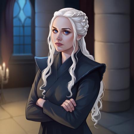 DAENERYS, 1girl, solo, white hair, long hair, blue eyes, black dress, ring long sleeves