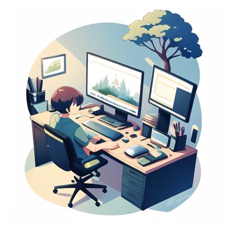 colorful,  illustration,2d illustration, abstract,3 man, tree,desk,computer,clear backgroud <lora:colorillu3:1>