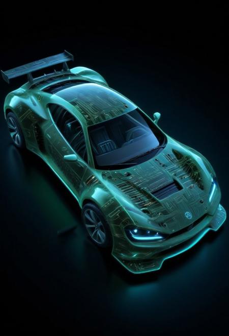 futuristic sports car made of circuit board materials, (aerodynamic body panels with microchip textures:1.4), (neon circuitry running across chassis:1.5), wheels like rotating capacitors, realistic lighting reflections, studio shot with black background, sci-fi automotive design, precision engineering, blue and green LED details, high detail concept art, (TzigoCBS), lazympos, lazyneg, lazyxxx