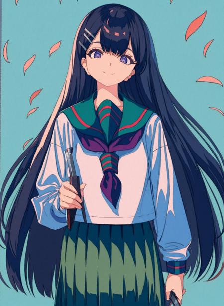 1girl, solo, long hair, skirt, smile, neckerchief, black hair, school uniform, long sleeves, sailor collar, holding, shirt, serafuku, looking at viewer, hair ornament, bangs, pleated skirt, closed mouth, purple eyes, petals, holding knife, hairclip, knife, green skirt, long skirt, blue eyes, cowboy shot, blue background, very long hair  <lora:焦茶6-000013:1>