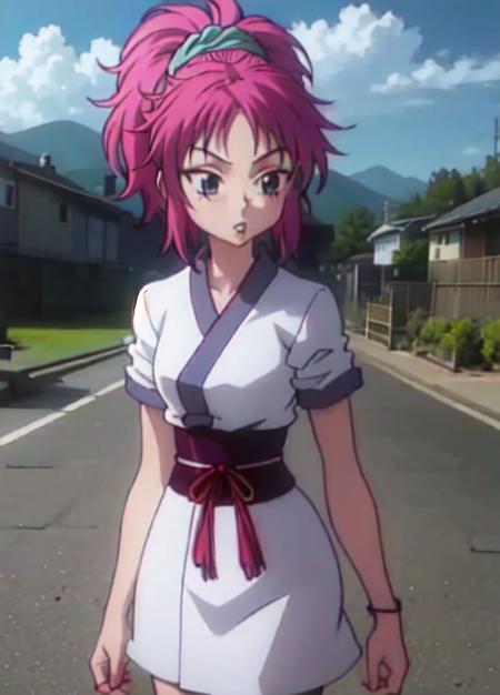 (masterpiece:1.2), (4k wallpaper:1.2), (best quality:1.2), (high resolution:1.2), HxHmachi, 1girl, solo, pink hair, (ponytail), white japanese cloth, (outdoor), outdoor walkway, (clear sky), animescreencap, <lora:HxHmachi512:0.75>