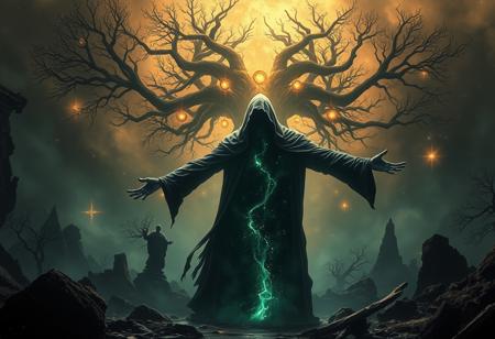 A universe inside a dark cloaked figure within mysterious landscape in an unfathomable realm of fantastic creation inhabited by ancient shadows of a forgotten time beyond the gate of the gateless gate where life is limitless, light is shadow and shadow is light, eerie sense, horror, spark of the beginning, existence and nonexistence at once, ethereal, outstretched arms, behold the end of the beginning, inglorious glory to the dark one, betrayal of the ancient order, beware the 7headed beast, destroyer of the old ways, bearer of the unbearable, nightmarish, archaic runes, tree aging backwards, breath of the gods, ruins of a place unimagined, extreme intricate detail, photorealistic, beyond epic scene, fate discarded, unseeable face of god, the end is the beginning, the beginning is the end, man arises as god dies, as above so below, as below so above, emerald tablet, thoth, guardian and saboteur of existence, hopeless hope, ghosts of the unborn, conception of the inconceivable, cosmic well of imperceptible perception, evil aura, infinite emptiness, pillars of void, overwhelming subtlety, abstract sacred geometry, beams of readiness without intention, gift of doom