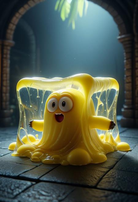 cinematic shot of a fantasy cute little banana inisde GelatinousCube, banana in background, hkstyle, HD, masterpiece, best quality, hyper detailed, ultra detailed, super realistic
