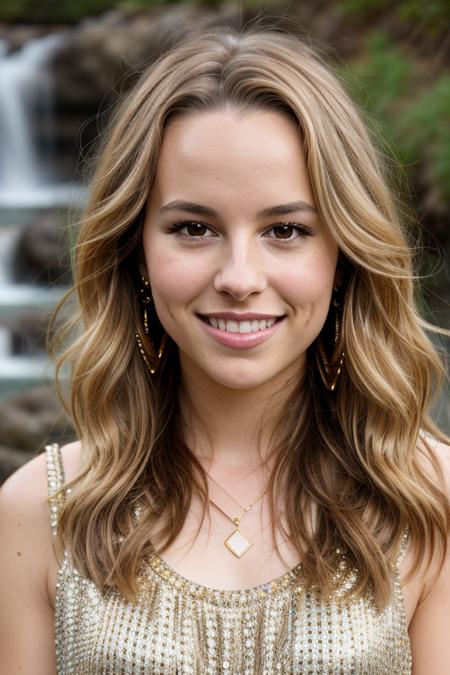 a Realistic portrait of a bridgit mendler woman with brown eyes and long Hair style, looking at the viewer, detailed face, detailed eyes, (smiling showing teeth:1.1), perfect slim body, modelshoot style, wearing gold earrings and jewelry, soft lighting, professional Photography, Photorealistic, detailed, waterfall background, RAW, analog, sharp focus, 8k, HD, DSLR, high quality, Fujifilm XT3, film grain, award winning, masterpiece  <lora:bridgit mendler v1.0:1>