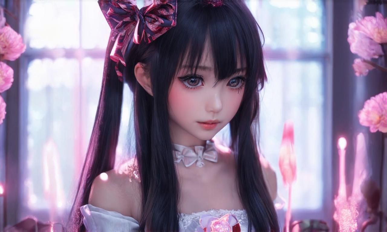 1girl, misa amane, long hair, bow in her hair, cinematic, bloom lighting, heavy makeup, best quality, from side, perfecteyes, 