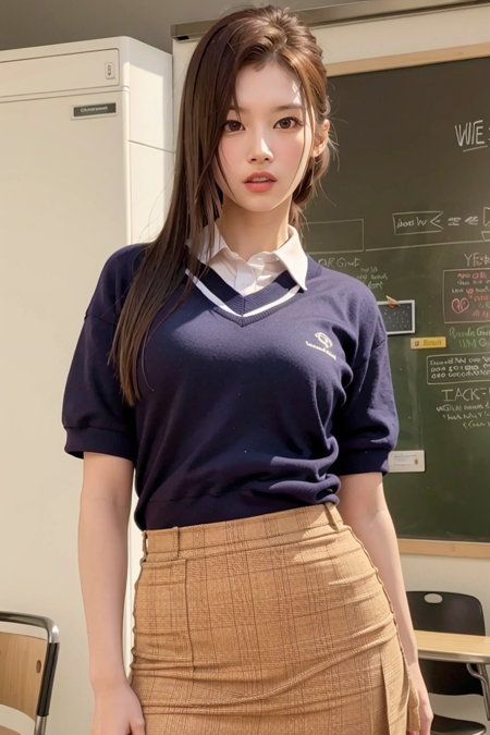 twicesana, school, (day:1.1), RAW,(8k, best quality, masterpiece:1.2),(intricate details:1.4),(photorealistic:1.4),octane render, complex 3d render ultra detailed, studio soft light, rim light, vibrant details, ultra detailed, realistic skin texture, detailed face, beautiful detailed eyes, extremely detailed CG unity 8k wallpaper, makeup, (detailed background:1.2), (cowboy shot:1.2),(perfect anatomy:1.2),(wide hip:1.1),(school uniform:1.2), <lora:twicesana-v1:1>