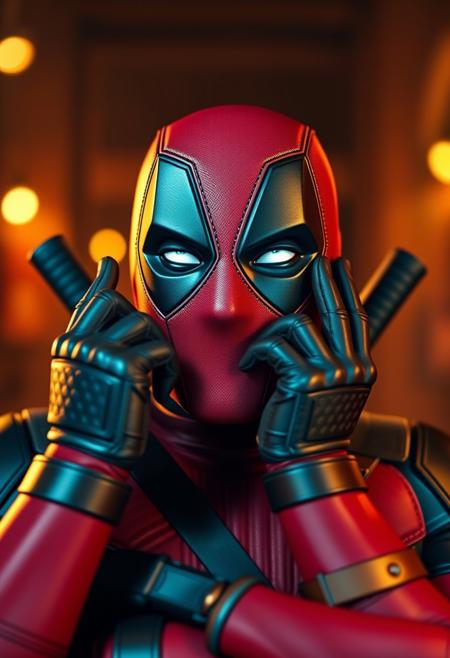 Deadpool doing a cute pose with a happy expression, smiling under his mask, best quality, realistic, cinematic lighting, hyperrealistic, perfect quality