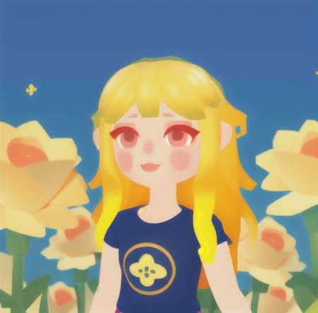 <lora:getaisoft3d:0.7>,solo,soft art style, 1girl, solo, long hair, blush, red eyes, upper body, yellow hair, short sleeves, shirt, 3d,happy,roses on head