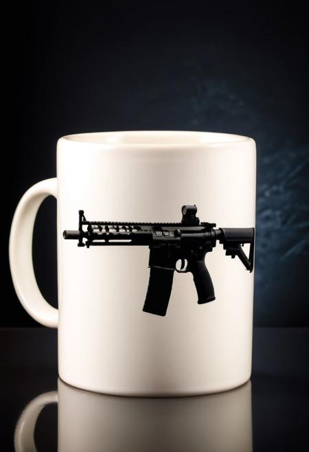 A mug, masterpiece, best quality, HD, it's just a mug, no clutter at all, holding an assault rifle, 8K, HD. Overall, the image depicts a mug as just a mug, a perfect combination of a mug and just a mug.