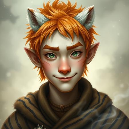 An asian teen man with a wide flat nose, half smile, furry skin, orange hair, green eyes, no sclera, fuzzy ears, shaggy eyebrows,  white sideburns, gypsy clothing, surrounded by mist and floating silver wisps, tiger stripes