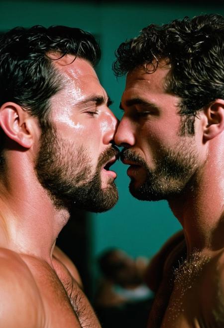 Two hairy chested fit rugby players kissing, sweaty, locker room, nipple piercing, 35mm film, cinemascope. masterpiece, best quality, highres, full body shot, (sexually suggestive:1.2), chiaroscuro, RAW candid cinema, studio, 16mm, ((color graded portra 400 film)) ((remarkable color)), (ultra realistic), textured skin, remarkable detailed pupils, ((realistic dull skin noise)), ((visible skin detail)), ((skin fuzz)), shot with cinematic camera, ((hyper realism)), sharp focus, cinematic lighting, photo realistic, hyper realistic. 4k, natural, global illumination, highly detailed, vivid, rich details, clear shadows and highlights, realistic, intense, enhanced contrast, highly detailed