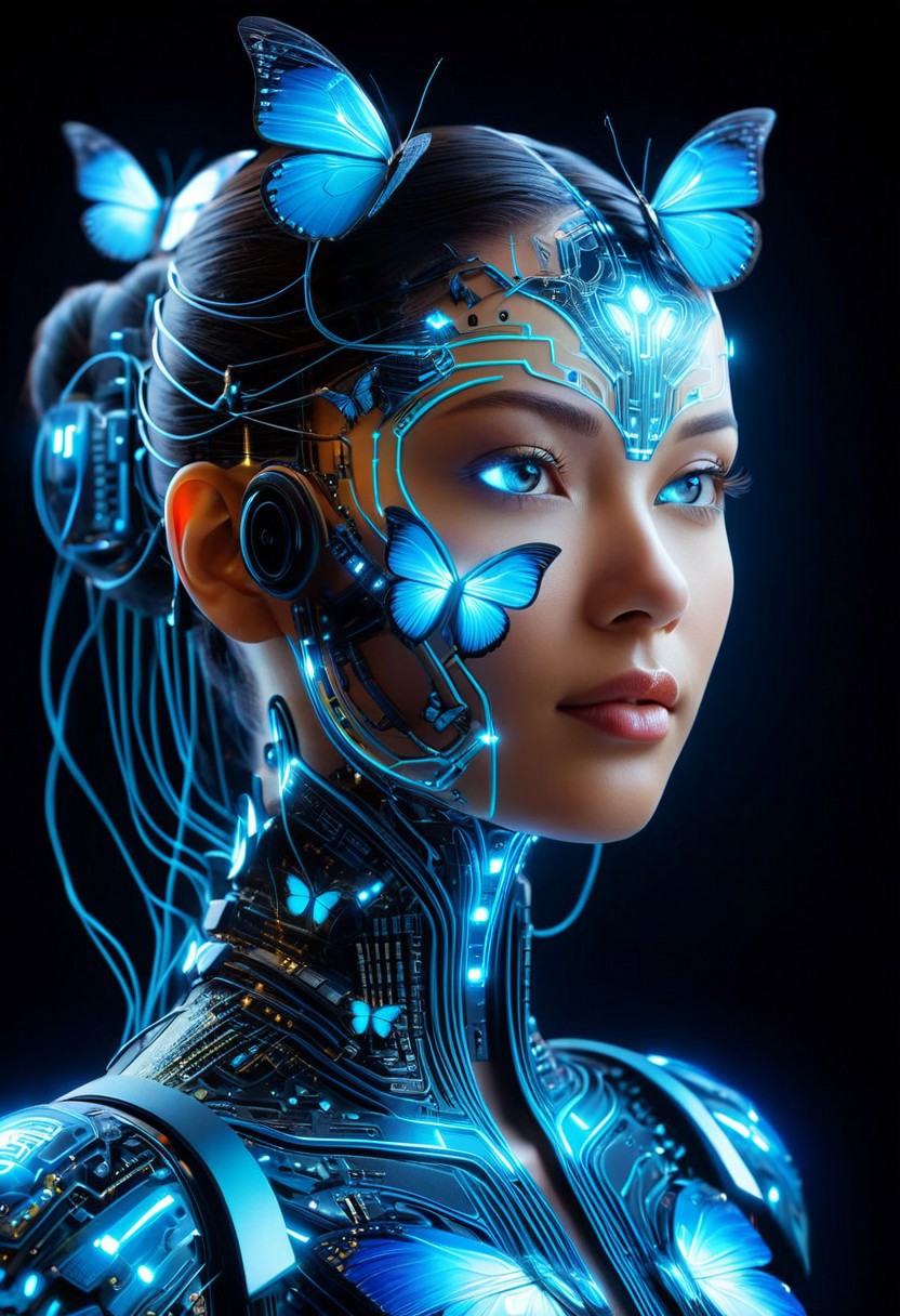 butterflyStyle, cybernetic face, AI concept art, human-machine fusion, circuit board overlay, glowing data streams, futuristic cityscape, digital connectivity, artificial intelligence, neon blue network, tech-human hybrid, high-tech portrait, virtual intelligence, transhumanism, surreal technology art, glowing circuits, AI consciousness