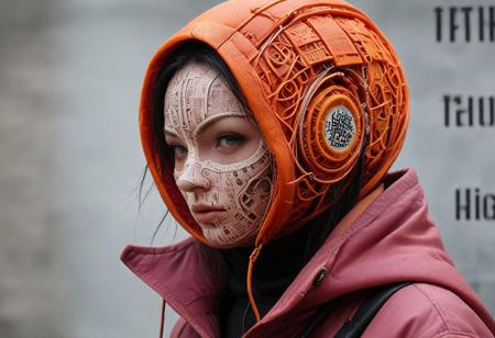 mechanical parts, wires, cables, cyberpunk, closeup portrait of a orange with a masked face, pastel teal/black colored, assassinkahb style, closeup photo of an wired-cyborg assassin with robot face wearing a pink high collar hooded parka with technical macro writing resembling an qr-code//bar-code on the back, solo, woman, high collar parka, upper body,, female focus, black long hair in wind, weapon, clothes writing,  flag