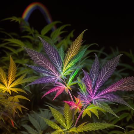 (rainbow colored:1.4),  glowing neon young marijuana plants, leaves, ,  GANnabis,  <lora:GANnabis-000009:0.5>